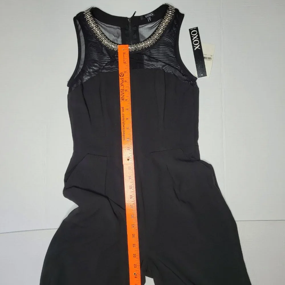 Nwt XOXO Jumpsuit Womens Black With Silver Beading Neckline Small Straight Leg - Picture 11 of 13